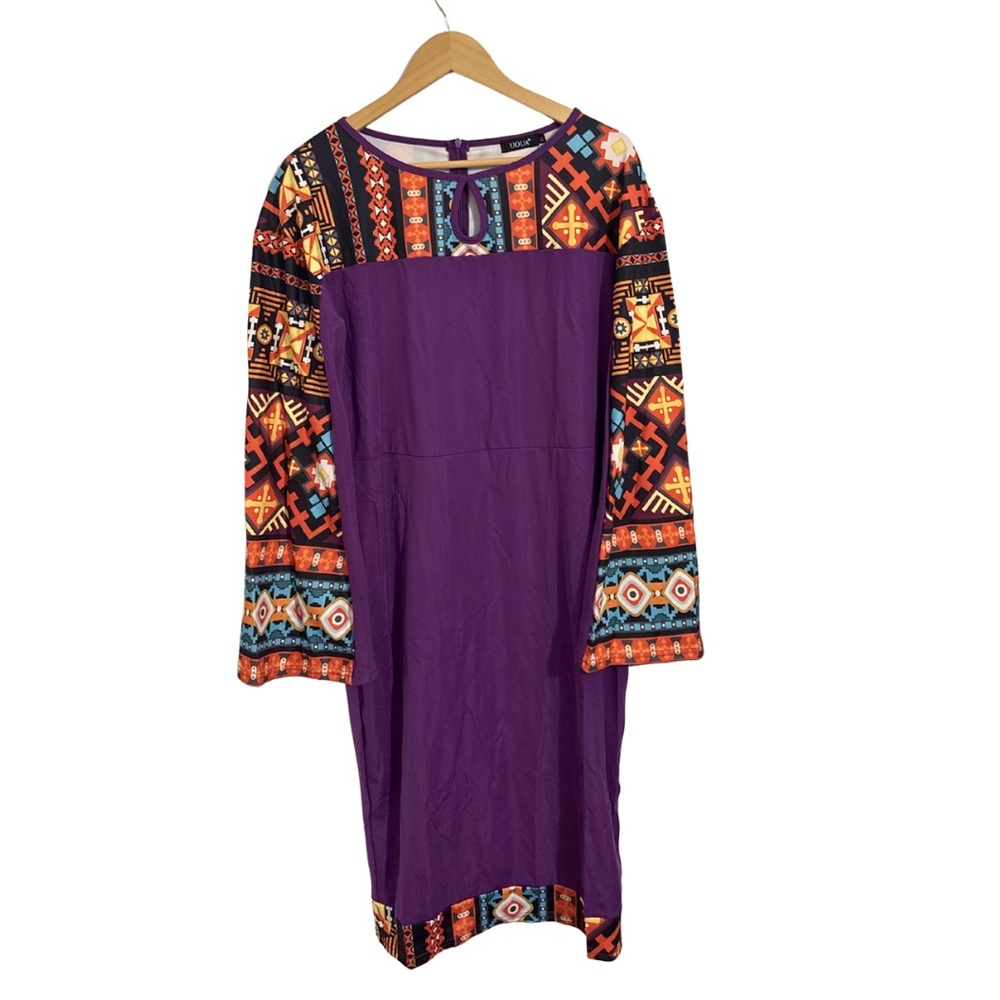 Purple Boho Long Sleeve Dress with Aztec Print